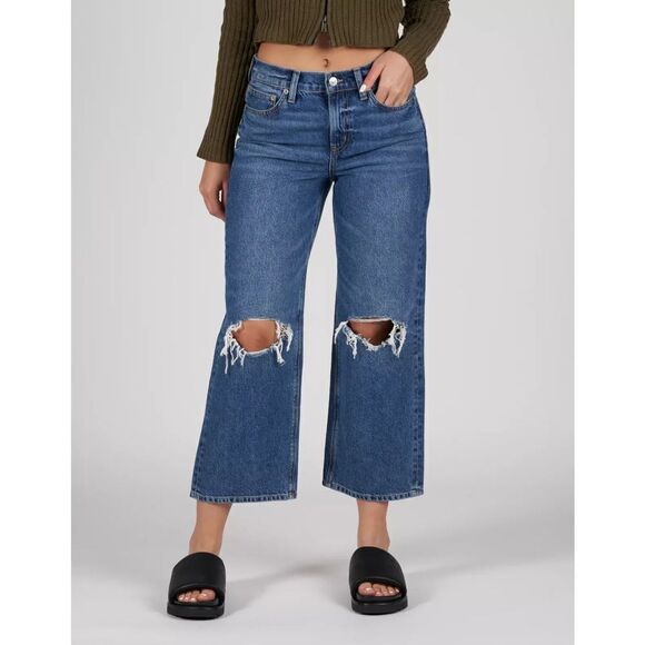 American Eagle Womens Size 4 Short Ripped 90s Wide Leg Crop Denim NEW Jeans Boho - Picture 4 of 10